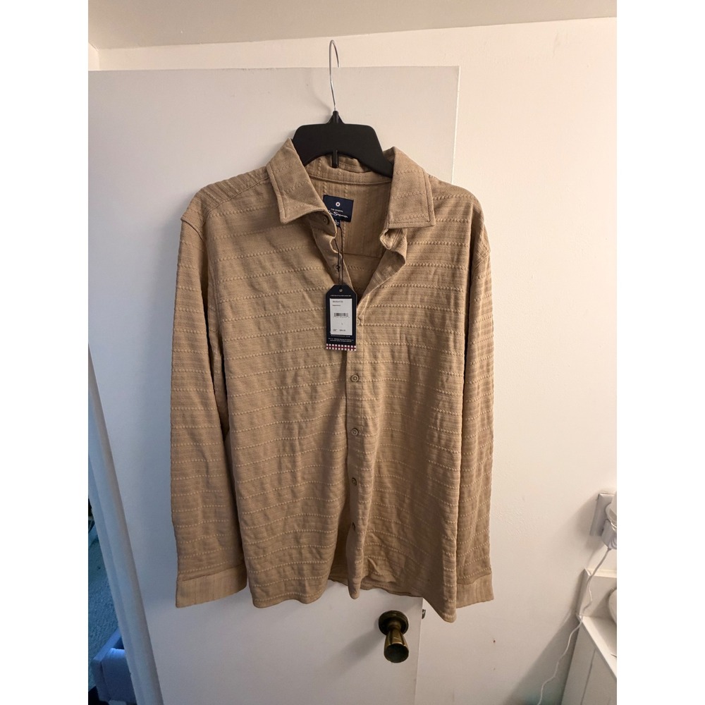 Ben Sherman Mens Long Sleeve Textured Knit Button Down Shirt Tan Timberwolf L